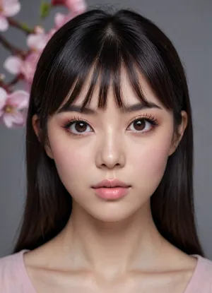 (masterpiece, best quality, photorealistic, ultra-detailed, highres, soft lighting), 1girl, 22 y.o., Japanese, long straight black hair with delicate bangs, deep brown almond-shaped eyes, fair porcelain skin, subtle cherry blossom blush on cheeks, perfectly symmetrical face, serene expression with direct gaze, delicate arched eyebrows, small natural lips with soft pink gloss, no tattoos, no jewelry, centered close-up portrait, neutral gray background, <lora:add-detail-xl:.8>