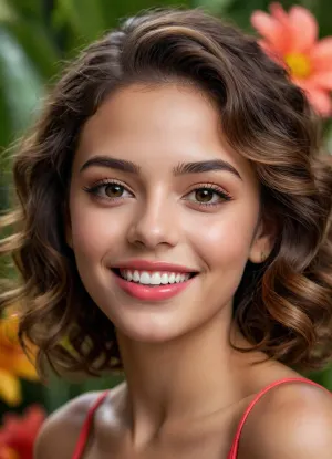 (masterpiece, best quality, photorealistic, ultra-detailed, highres, warm lighting), 1girl, 22 y.o., Brazilian, warm olive skin, large hazel eyes, curly shoulder-length dark brown hair with golden highlights, high cheekbones, wide smile, close-up portrait, no tattoos, wearing glossy coral lipstick, in a vibrant background with tropical flower patterns, <lora:add-detail-xl:1>