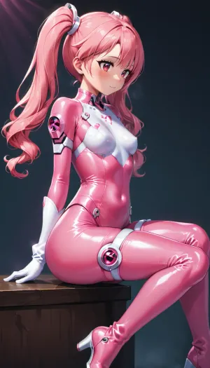 Pink hair, bodysuit, sit, pink body suit, white gloves, small breasts, long boots, hight heels, twintales, long hair