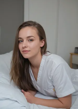 HDR photo, best quality, ultra-detailed, masterpiece, 20 years old, brunette hair, elle regarde l'objectif, athletic, real nurse scrubs, shows pussy, amateur webcam, girl, poor lighting, taken in hospital room, jpeg artefacts, taken with phone camera