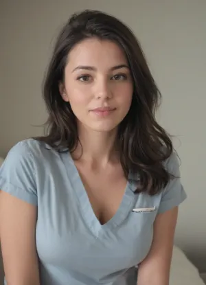 HDR photo, best quality, ultra-detailed, masterpiece, 20 years old, brunette hair, elle regarde l'objectif, athletic, real nurse scrubs, shows pussy, amateur webcam, girl, poor lighting, taken in hospital room, jpeg artefacts, taken with phone camera