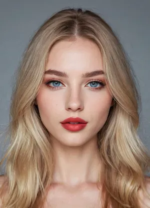 (masterpiece, best quality, photorealistic, ultra-detailed, highres, soft lighting), 1girl, 18 y.o., Estonian, slightly elongated face with refined features, thin straight eyebrows, oval grey-blue eyes with long eyelashes, straight nose with delicate tip, very plump glossy lips with red hue, prominent cheekbones, soft chin, pale skin with light blush, no freckles, straight white teeth, bold makeup with smoky eyeshadow and bright lipstick, centered face, symmetrical, teasing glance, long straight ash blonde hair framing face, in a softly blurred gradient background, <lora:add-detail-xl:2>