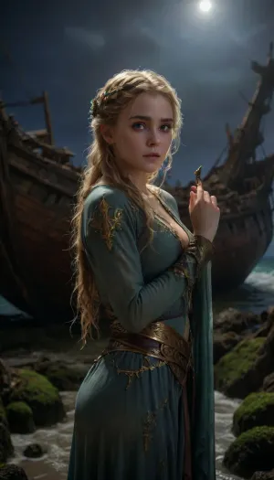 Elven warrior-witch with an hourglass figure examines a sunken shipwreck at moonlit beach. Her golden hair, braided with herbs and crystals, flows over her shoulders as she leans slightly forward, studying the half-submerged vessel with keen elven eyes. She wears tattered robes that reveal her athletic build, ample bosom, narrow waist, and strong hips, all illuminated by soft moonlight.

Her natural wooden staff rests against her shoulder, its twisted form glowing faintly with magical energy from moss-covered runes. The shipwreck dominates the background, its skeletal remains rising from the water's edge, covered in seaweed and barnacles. Pools of bioluminescent light shimmer around the wreckage, reflecting off both the water and her pointed ears.

The scene captures her专注 examination, one hand resting on her hip, the other gently touching the staff as she inspects the ancient ruin. Her posture combines curiosity with readiness, showing both her warrior skills and mystical connection to nature. Every detail emphasizes her elegant strength and mysterious allure against the dramatic coastal backdrop., lense, flare, flares, anamorphic, rainbow, zavy-rmlght, detailxl, PA7_Skin-Imperfection, AmericanHeritage-Pos, 0001SRGoodPictureV10, epiCPhoto, epiCNegative, <lora:polyhedron_lense_flares-000005:.5>, <lora:zavy-rmlght-sdxl:.5>, <lora:detailed_notrigger:.5>