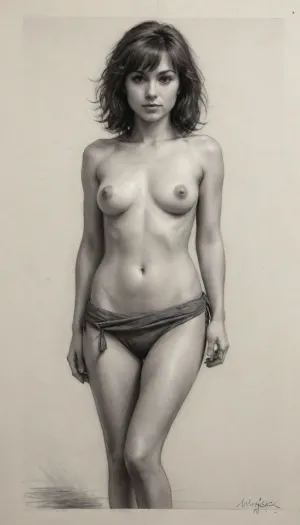 a drawing of a woman, 40 yo, brunette with a fringe, very small tits, one piece sarong, frizzy hair, cut leg, skin exposure, detailed but rough, sketches, detailed sketch, rough sketch, old sketch, sketch art, detailed penciling, matte sketch, highly detailed sketch, sketches wide angle view, realism, charcoal, drawing, <lora:EldritchCharcoalXL1.1:.5>