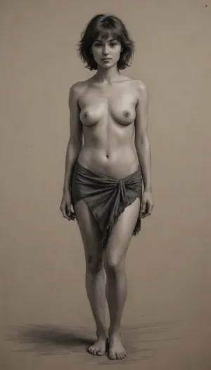 a drawing of a woman, 40 yo, brunette with a fringe, very small tits, one piece sarong, frizzy hair, cut leg, skin exposure, detailed but rough, sketches, detailed sketch, rough sketch, old sketch, sketch art, detailed penciling, matte sketch, highly detailed sketch, sketches wide angle view, realism, charcoal, drawing, <lora:EldritchCharcoalXL1.1:.5>