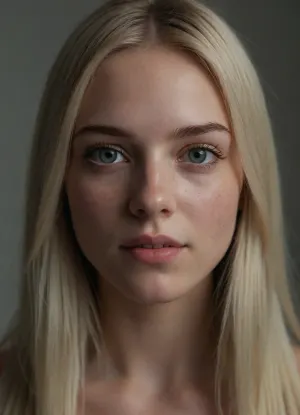 (masterpiece, best quality, photorealistic, ultra-detailed, highres, soft lighting), 1girl, 18 y.o., Finnish, slightly elongated face with soft features, thin straight eyebrows, round light grey eyes with thin eyelashes, small upturned nose, thin lips with soft contour, prominent cheekbones, soft chin, pale porcelain skin, no freckles, straight white teeth, centered face, symmetrical, direct gaze, long straight platinum blonde hair framing face, neutral expression, in a softly blurred gradient background, <lora:add-detail-xl:2>