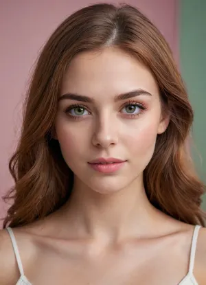 (masterpiece, best quality, photorealistic, ultra-detailed, highres, soft lighting), 1girl, 18 y.o., Hungarian, heart-shaped face with refined features, thick arched eyebrows, large hazel-green eyes with long eyelashes, straight nose with delicate tip, plump lips with natural pink hue, high cheekbones, soft chin, smooth fair skin with light blush, single mole under eye, straight white teeth, centered face, symmetrical, direct gaze, shoulder-length wavy auburn hair framing face, neutral expression, in a softly blurred gradient background, <lora:add-detail-xl:2>