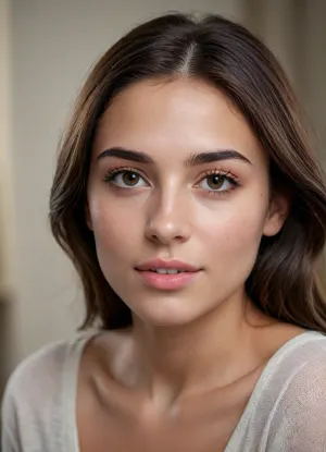 (masterpiece, best quality, photorealistic, ultra-detailed, highres, soft lighting), 1girl, 18 y.o., Greek, oval face with expressive features, thick arched eyebrows, almond-shaped dark brown eyes with long eyelashes, straight medium-length nose, full lips with defined contour, high cheekbones, slightly pointed chin, smooth olive skin with golden undertone, no freckles, straight white teeth, centered face, symmetrical, direct gaze, long wavy dark brown hair framing face, neutral expression, in a softly blurred gradient background, <lora:add-detail-xl:1>