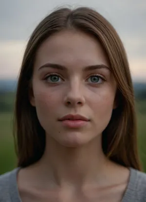 (masterpiece, best quality, photorealistic, ultra-detailed, highres, soft lighting), 1girl, 18 y.o., Polish, round face with delicate features, thin straight eyebrows, oval grey-green eyes with short eyelashes, straight nose with delicate tip, thin lips with soft pink hue, moderate cheekbones, soft chin, pale skin with light blush, few freckles on nose, straight white teeth, centered face, symmetrical, direct gaze, shoulder-length straight light brown hair framing face, neutral expression, in a softly blurred gradient background, <lora:add-detail-xl:2>
