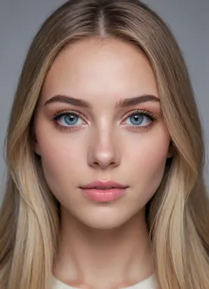 (masterpiece, best quality, photorealistic, ultra-detailed, highres, soft lighting), 1girl, 18 y.o., German, rectangular face with defined features, straight thick eyebrows, almond-shaped grey-blue eyes with long eyelashes, straight medium-length nose, full lips with soft curve, high cheekbones, prominent chin, smooth fair skin with light blush, no freckles, straight white teeth, centered face, symmetrical, direct gaze, long straight ash blonde hair framing face, neutral expression, in a softly blurred gradient background, <lora:add-detail-xl:2>