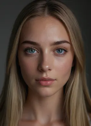 (masterpiece, best quality, photorealistic, ultra-detailed, highres, soft lighting), 1girl, 18 y.o., German, rectangular face with defined features, straight thick eyebrows, almond-shaped grey-blue eyes with long eyelashes, straight medium-length nose, full lips with soft curve, high cheekbones, prominent chin, smooth fair skin with light blush, no freckles, straight white teeth, centered face, symmetrical, direct gaze, long straight ash blonde hair framing face, neutral expression, in a softly blurred gradient background, <lora:add-detail-xl:2>