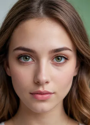 (masterpiece, best quality, photorealistic, ultra-detailed, highres, soft lighting), 1girl, 18 y.o., French, heart-shaped face with refined features, thick arched eyebrows, large green eyes with long eyelashes, small upturned nose, plump lips with natural pink hue, high cheekbones, soft round chin, smooth peach-toned skin, single mole above upper lip, straight white teeth, centered face, symmetrical, direct gaze, shoulder-length wavy chestnut hair framing face, neutral expression, in a softly blurred gradient background, <lora:add-detail-xl:2>