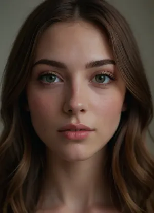 (masterpiece, best quality, photorealistic, ultra-detailed, highres, soft lighting), 1girl, 18 y.o., Belgian, heart-shaped face with soft features, thick arched eyebrows, large grey-green eyes with long thick eyelashes, straight medium-length nose, plump glossy lips with natural pink hue, high cheekbones, soft round chin, smooth fair skin with peach undertone, few faint freckles on nose, straight white teeth, subtle makeup with winged eyeliner, centered face, symmetrical, sultry gaze, shoulder-length wavy light brown hair framing face, in a softly blurred gradient background, <lora:add-detail-xl:2>