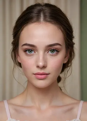 (masterpiece, best quality, photorealistic, ultra-detailed, highres, soft lighting), 1girl, 18 y.o., Belgian, heart-shaped face with soft features, thick arched eyebrows, large grey-green eyes with long thick eyelashes, straight medium-length nose, plump glossy lips with natural pink hue, high cheekbones, soft round chin, smooth fair skin with peach undertone, few faint freckles on nose, straight white teeth, subtle makeup with winged eyeliner, centered face, symmetrical, sultry gaze, shoulder-length wavy light brown hair framing face, in a softly blurred gradient background, <lora:add-detail-xl:2>