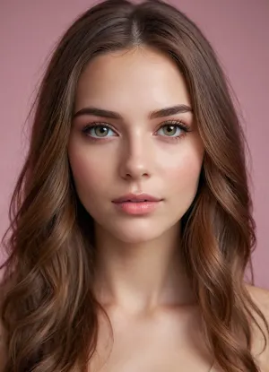 (masterpiece, best quality, photorealistic, ultra-detailed, highres, soft lighting), 1girl, 18 y.o., Austrian, rectangular face with defined features, thick straight eyebrows, almond-shaped hazel-green eyes with long eyelashes, straight nose with delicate tip, plump glossy lips with soft pink hue, high cheekbones, prominent chin, smooth fair skin with light blush, no freckles, straight white teeth, subtle makeup with smoky eyeshadow, centered face, symmetrical, sultry gaze, long wavy chestnut hair framing face, in a softly blurred gradient background, <lora:add-detail-xl:2>