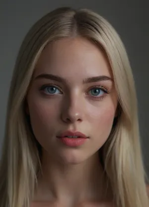 (masterpiece, best quality, photorealistic, ultra-detailed, highres, soft lighting), 1girl, 18 y.o., Norwegian, slightly elongated face with sharp features, thin straight eyebrows, round light blue eyes with long eyelashes, small upturned nose, full glossy lips with soft coral hue, prominent cheekbones, square chin, pale porcelain skin with light blush, no freckles, straight white teeth, subtle makeup with glossy lipstick, centered face, symmetrical, seductive pout, long straight platinum blonde hair framing face, in a softly blurred gradient background, <lora:add-detail-xl:2>
