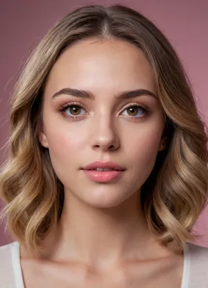 (masterpiece, best quality, photorealistic, ultra-detailed, highres, soft lighting), 1girl, 18 y.o., Czech, heart-shaped face with expressive features, thick arched eyebrows, large dark brown eyes with long thick eyelashes, straight medium-length nose, plump glossy lips with bright pink hue, high cheekbones, soft chin, smooth fair skin with peach undertone, single mole on cheek, straight white teeth, subtle makeup with winged eyeliner, centered face, symmetrical, sultry gaze, shoulder-length wavy dark blonde hair framing face, in a softly blurred gradient background, <lora:add-detail-xl:2>