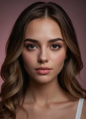 (masterpiece, best quality, photorealistic, ultra-detailed, highres, soft lighting), 1girl, 18 y.o., Czech, heart-shaped face with expressive features, thick arched eyebrows, large dark brown eyes with long thick eyelashes, straight medium-length nose, plump glossy lips with bright pink hue, high cheekbones, soft chin, smooth fair skin with peach undertone, single mole on cheek, straight white teeth, subtle makeup with winged eyeliner, centered face, symmetrical, sultry gaze, shoulder-length wavy dark blonde hair framing face, in a softly blurred gradient background, <lora:add-detail-xl:2>
