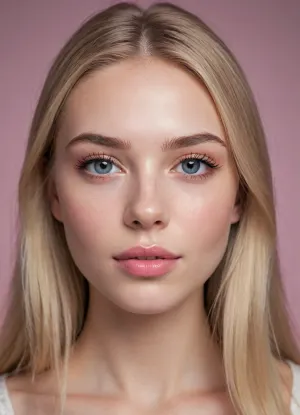 (masterpiece, best quality, photorealistic, ultra-detailed, highres, soft lighting), 1girl, 18 y.o., Dutch, round face with soft features, thin straight eyebrows, oval blue eyes with short eyelashes, small straight nose, full glossy lips with soft pink hue, moderate cheekbones, soft chin, pale skin with light blush, no freckles, straight white teeth, subtle makeup with glossy lipstick, centered face, symmetrical, seductive pout, long straight light blonde hair framing face, in a softly blurred gradient background, <lora:add-detail-xl:2>