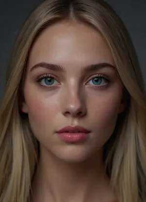 (masterpiece, best quality, photorealistic, ultra-detailed, highres, soft lighting), 1girl, 18 y.o., Dutch, round face with soft features, thin straight eyebrows, oval blue eyes with short eyelashes, small straight nose, full glossy lips with soft pink hue, moderate cheekbones, soft chin, pale skin with light blush, no freckles, straight white teeth, subtle makeup with glossy lipstick, centered face, symmetrical, seductive pout, long straight light blonde hair framing face, in a softly blurred gradient background, <lora:add-detail-xl:2>