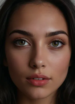 (masterpiece, best quality, photorealistic, ultra-detailed, highres, soft lighting), 1girl, 18 y.o., Croatian, oval face with expressive features, thick arched eyebrows, almond-shaped hazel-green eyes with long eyelashes, straight nose with delicate tip, plump glossy lips with bright red hue, high cheekbones, slightly pointed chin, smooth olive skin with warm undertone, single mole under eye, straight white teeth, subtle makeup with smoky eyeshadow, centered face, symmetrical, sultry gaze, long wavy black hair framing face, in a softly blurred gradient background, <lora:add-detail-xl:2>
