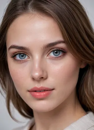(masterpiece, best quality, photorealistic, ultra-detailed, highres, soft lighting), 1girl, 18 y.o., Slovenian, slightly elongated face with refined features, thin arched eyebrows, round grey-blue eyes with long eyelashes, small upturned nose, full glossy lips with coral hue, prominent cheekbones, soft chin, smooth fair skin with light blush, few freckles on nose, straight white teeth, subtle makeup with glossy lipstick, centered face, symmetrical, seductive pout, shoulder-length wavy ash brown hair framing face, in a softly blurred gradient background, <lora:add-detail-xl:1>