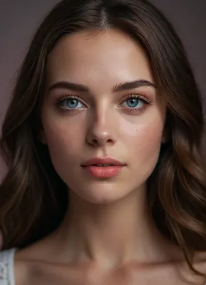 (masterpiece, best quality, photorealistic, ultra-detailed, highres, soft lighting), 1girl, 18 y.o., Slovenian, slightly elongated face with refined features, thin arched eyebrows, round grey-blue eyes with long eyelashes, small upturned nose, full glossy lips with coral hue, prominent cheekbones, soft chin, smooth fair skin with light blush, few freckles on nose, straight white teeth, subtle makeup with glossy lipstick, centered face, symmetrical, seductive pout, shoulder-length wavy ash brown hair framing face, in a softly blurred gradient background, <lora:add-detail-xl:1>