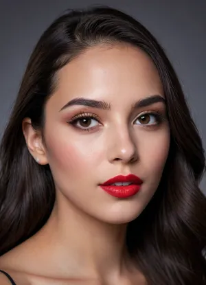 (masterpiece, best quality, photorealistic, ultra-detailed, highres, soft lighting), 1girl, 18 y.o., Serbian, oval face with refined features, thick arched eyebrows, almond-shaped dark brown eyes with long thick eyelashes, straight nose with delicate tip, very plump glossy lips with bright scarlet hue, high cheekbones, soft chin, smooth olive skin with subtle glow, single mole above lip, straight white teeth, bold makeup with smoky eyeshadow and red lipstick, centered face, symmetrical, teasing glance, long wavy black hair framing face, in a softly blurred gradient background, <lora:add-detail-xl:2>