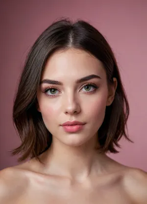 (masterpiece, best quality, photorealistic, ultra-detailed, highres, soft lighting), 1girl, 18 y.o., Romanian, heart-shaped face with sharp features, thin high eyebrows, large green eyes with long eyelashes, small upturned nose, very plump glossy lips with pink hue, prominent cheekbones, soft round chin, pale skin with light blush, few faint freckles on cheeks, straight white teeth, bold makeup with winged eyeliner and glossy lipstick, centered face, symmetrical, sultry parted lips, shoulder-length wavy dark brown hair framing face, in a softly blurred gradient background, <lora:add-detail-xl:2>