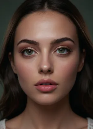 (masterpiece, best quality, photorealistic, ultra-detailed, highres, soft lighting), 1girl, 18 y.o., Romanian, heart-shaped face with sharp features, thin high eyebrows, large green eyes with long eyelashes, small upturned nose, very plump glossy lips with pink hue, prominent cheekbones, soft round chin, pale skin with light blush, few faint freckles on cheeks, straight white teeth, bold makeup with winged eyeliner and glossy lipstick, centered face, symmetrical, sultry parted lips, shoulder-length wavy dark brown hair framing face, in a softly blurred gradient background, <lora:add-detail-xl:2>