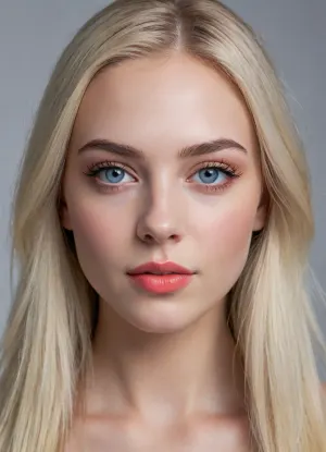 (masterpiece, best quality, photorealistic, ultra-detailed, highres, soft lighting), 1girl, 18 y.o., Latvian, round face with soft features, thick straight eyebrows, round light blue eyes with long thick eyelashes, straight medium-length nose, very plump glossy lips with coral hue, high cheekbones, soft chin, smooth porcelain skin with subtle glow, no freckles, straight white teeth, bold makeup with smoky eyeshadow and bright lipstick, centered face, symmetrical, teasing glance, long straight platinum blonde hair framing face, in a softly blurred gradient background, <lora:add-detail-xl:2>