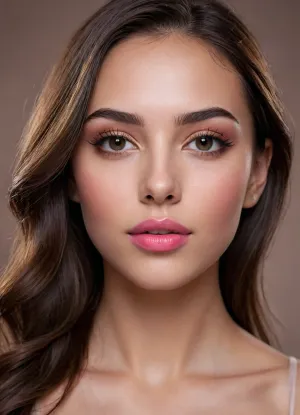 (masterpiece, best quality, photorealistic, ultra-detailed, highres, soft lighting), 1girl, 18 y.o., Bulgarian, oval face with expressive features, thick arched eyebrows, almond-shaped hazel-green eyes with long eyelashes, small straight nose, very plump glossy lips with bright pink hue, high cheekbones, slightly pointed chin, smooth olive skin with warm undertone, single mole on cheek, straight white teeth, bold makeup with winged eyeliner and glossy lipstick, centered face, symmetrical, sultry parted lips, long wavy dark brown hair framing face, in a softly blurred gradient background, <lora:add-detail-xl:2>