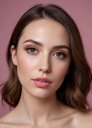 (masterpiece, best quality, photorealistic, ultra-detailed, highres, soft lighting), 1girl, 18 y.o., Slovak, heart-shaped face with soft features, thick arched eyebrows, large dark brown eyes with long thick eyelashes, small upturned nose, very plump glossy lips with pink hue, high cheekbones, soft round chin, smooth fair skin with peach undertone, few faint freckles on nose, straight white teeth, bold makeup with winged eyeliner and glossy lipstick, centered face, symmetrical, sultry parted lips, shoulder-length wavy chestnut hair framing face, in a softly blurred gradient background, <lora:add-detail-xl:2>