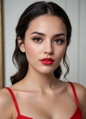 (masterpiece, best quality, photorealistic, ultra-detailed, highres, soft lighting), 1girl, 18 y.o., Albanian, oval face with warm features, thick arched eyebrows, almond-shaped dark brown eyes with long thick eyelashes, straight nose with delicate tip, very plump glossy lips with bright red hue, high cheekbones, slightly pointed chin, smooth olive skin with golden undertone, no freckles, straight white teeth, bold makeup with winged eyeliner and red lipstick, centered face, symmetrical, sultry parted lips, long wavy black hair framing face, in a softly blurred gradient background, <lora:add-detail-xl:2>