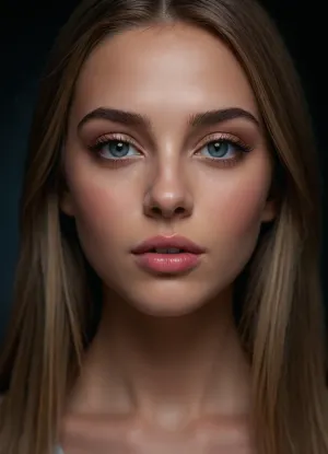 (masterpiece, best quality, photorealistic, ultra-detailed, highres, soft lighting), 1girl, 18 y.o., Bosnian, slightly elongated face with expressive features, thin straight eyebrows, oval blue eyes with long eyelashes, small straight nose, very plump glossy lips with pink hue, prominent cheekbones, soft chin, smooth fair skin with light blush, single mole on cheek, straight white teeth, bold makeup with smoky eyeshadow and glossy lipstick, centered face, symmetrical, teasing glance, long straight dark blonde hair framing face, in a softly blurred gradient background, <lora:add-detail-xl:2>