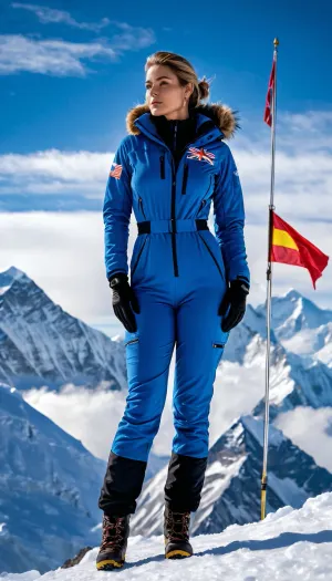 fullcolored image, 8K quality, An alpenist woman, in a sexy tight warm jumpsuit, ((the jumpsuit is open to the waist, big tits half visible)), stands on the snow-covered summit of Mount Everest, ((next to the flagpoles with UNO flag)), (all the other mountains are much lower), ((looking down from the brightly lit mountaintop to the clouds below)), photorealistic, full body in frame, side view