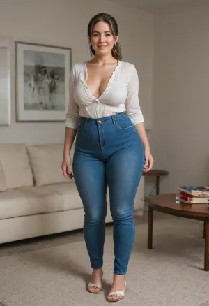 50 year old mature MILF, standing in a modern living room, (small, not tall), (wide hips), (thick thighs), brunette hair with gray highlights, ponytail, chubby round face, strong nose, shy smile, unexpected camera, (capturing full body, surprised expression), hoop earrings, best quality, photorealism, masterpiece, tight highwaist blue jeans, unbuttoned white blouse, sagging, (FUPA), cameltoe, big ass