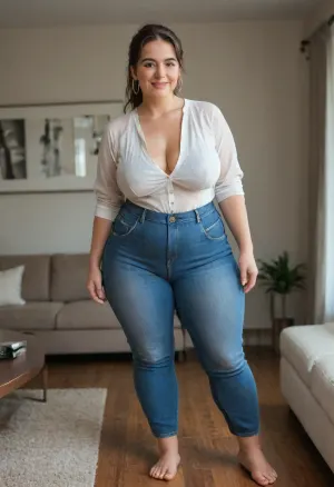 50 year old mature MILF, obese, standing in a modern living room, (small, not tall), (wide hips), (thick thighs), brunette hair with gray highlights, ponytail, chubby round face, strong nose, shy smile, unexpected camera, (capturing full body, surprised expression), hoop earrings, best quality, photorealism, masterpiece, tight highwaist blue jeans, unbuttoned white blouse, sagging, (FUPA), cameltoe, big ass