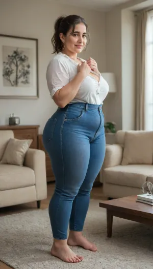 1/4 side view, 50 year old mature MILF, obese, standing in a modern living room, (small, not tall), (wide hips), (thick thighs), brunette hair with gray highlights, ponytail, chubby round face, strong nose, shy smile, unexpected camera, (capturing full body, surprised expression), hoop earrings, best quality, photorealism, masterpiece, tight highwaist blue jeans, unbuttoned white blouse, sagging, braless, (FUPA), cameltoe, big ass