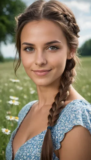 (high quality photographie), (detailed eyes), (detailed skin), (ultra sharp), 1 Women, austrian Beauty, 28yo, tall, normal waiste, pronounced cheekbones, dimple in the chin, wide mouth, big eyes, very long natural brown hair, tight braid to the back, blue summer dress, brown eyes, very small tits, no makeup, smiling, on a green summer meadow