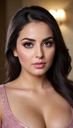 a breathtakingly beautiful curvy Iranian woman, fair and glowing skin, long straight shiny black hair, thick well-defined eyebrows, large deep brown eyes with dramatic heavy eye makeup, thick eyeliner, long voluminous lashes, shimmering eyeshadow, full pink lips, elegant facial features, slightly seductive expression, soft lighting, ultra realistic, highly detailed, sharp focus, cinematic portrait, 8k resolution, studio photo style, DSLR look, looking directly at viewer