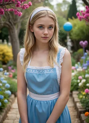 (masterpiece, best quality, photorealistic, ultra-detailed, highres, vibrant lighting), 1girl, 18 y.o., named Alice, long straight blonde hair, blue eyes, fair skin, delicate freckles, slender body, curious and brave, adventurer, enjoys exploration, neutral expression, standing with hands clasped, no tattoos, wearing a blue dress with white apron and black headband, in a whimsical Wonderland garden with talking flowers and neon candy trees, <lora:add-detail-xl:1>