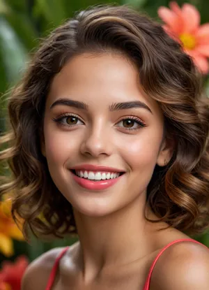 (masterpiece, best quality, photorealistic, ultra-detailed, highres, warm lighting), 1girl, 22 y.o., Brazilian, warm olive skin, large hazel eyes, curly shoulder-length dark brown hair with golden highlights, high cheekbones, wide smile, close-up portrait, no tattoos, wearing glossy coral lipstick, in a vibrant background with tropical flower patterns, <lora:add-detail-xl:1>
