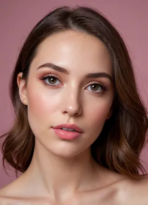 (masterpiece, best quality, photorealistic, ultra-detailed, highres, soft lighting), 1girl, 18 y.o., Slovak, heart-shaped face with soft features, thick arched eyebrows, large dark brown eyes with long thick eyelashes, small upturned nose, very plump glossy lips with pink hue, high cheekbones, soft round chin, smooth fair skin with peach undertone, few faint freckles on nose, straight white teeth, bold makeup with winged eyeliner and glossy lipstick, centered face, symmetrical, sultry parted lips, shoulder-length wavy chestnut hair framing face, in a softly blurred gradient background, <lora:add-detail-xl:2>