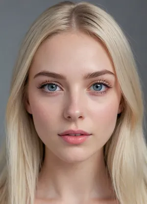 (masterpiece, best quality, photorealistic, ultra-detailed, highres, soft lighting), 1girl, 18 y.o., Swedish, slightly elongated face with sharp features, thin straight eyebrows, round light blue eyes with thin eyelashes, straight medium-length nose, thin pink lips with soft contour, prominent cheekbones, square chin, pale porcelain skin with faint blush, no freckles, straight white teeth with small gap, centered face, symmetrical, direct gaze, long straight platinum blonde hair framing face, neutral expression, in a softly blurred gradient background, <lora:add-detail-xl:2>