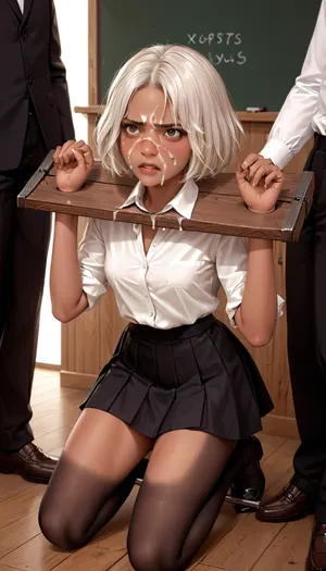 a 18yo woman, dark skinned woman, jia, white hair, facial cum, cum on face, kneeling, full body, pillory, white shirt, small breasts, collared shirt, black pantyhose, black pleates skirt, disgusted, dark skinned female, spreader bar, classroom, <lora:jia_SDXL_2_:1.2>, woman, cum, on, face, <lora:JustCum:.8>