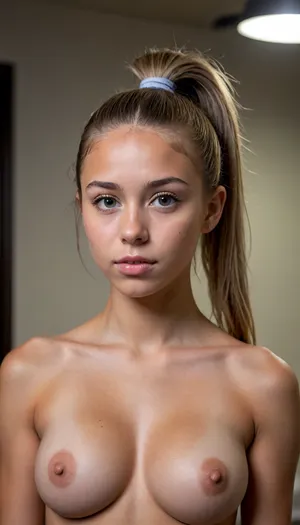 Insanely detailed photo of an 18-year-old girl, skinny body, athletic girl, (nude:1.2), (naked:1.3), (((no clothes))), (((with elastic big breasts))), (different poses), (pussy visible:1.3), sexy, beautiful, tanned, with a perfect face, detailed face, (detailed hair, light hairstyle:1.1), (shiny body, realistic sweat:1.1), ((little girl:1.5)), (hairstyle with one ponytail:1.2), Looking at the camera, in a dark room, lots of details, three-dimensional, epic, clear focus, depth of field, professional lighting, full view, 8k photography, HDR, the picture was taken on Canon EOS R5, 75 mm lens
