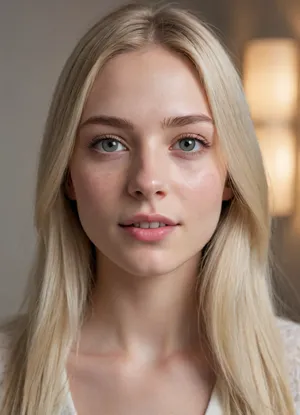 (masterpiece, best quality, photorealistic, ultra-detailed, highres, soft lighting), 1girl, 18 y.o., Finnish, slightly elongated face with soft features, thin straight eyebrows, round light grey eyes with thin eyelashes, small upturned nose, thin lips with soft contour, prominent cheekbones, soft chin, pale porcelain skin, no freckles, straight white teeth, centered face, symmetrical, direct gaze, long straight platinum blonde hair framing face, neutral expression, in a softly blurred gradient background, <lora:add-detail-xl:2>
