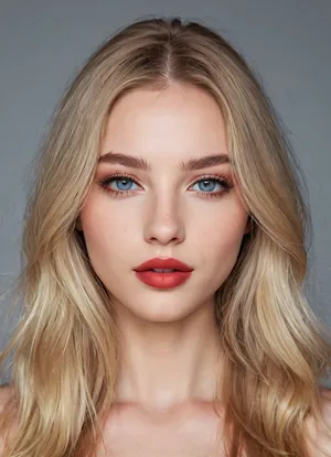 (masterpiece, best quality, photorealistic, ultra-detailed, highres, soft lighting), 1girl, 18 y.o., Estonian, slightly elongated face with refined features, thin straight eyebrows, oval grey-blue eyes with long eyelashes, straight nose with delicate tip, very plump glossy lips with red hue, prominent cheekbones, soft chin, pale skin with light blush, no freckles, straight white teeth, bold makeup with smoky eyeshadow and bright lipstick, centered face, symmetrical, teasing glance, long straight ash blonde hair framing face, in a softly blurred gradient background, <lora:add-detail-xl:2>