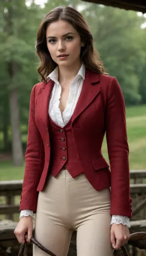 18th century, realistic, realistic proportion, realistic body woman, caucasian, 25 year old, luxurious red tweed riding jacket, beige riding pants lowered, lace lavalliere, unbuttoned white shirt with lace, unbuttoned waistcoat, Brown boots, detailed eyes, show nipples, very slight smile, pants pulled down, in stable, perfect face, perfect body, perfect fingers, perfect hand, chiaroscuro, riding whip, unwearing, Undressing, lowered pants to mid-thigh, fully unbuttoned, upskirt, liftskirt, show pussy